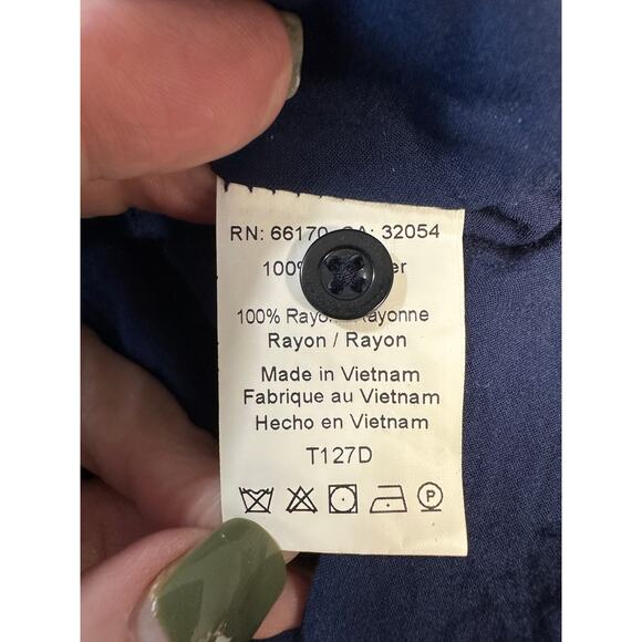 Anthro 11:1 TYLHO Navy Polka Dot Tie-Neck Dress L Breezy Retro Style Old Money - Picture 10 of 11